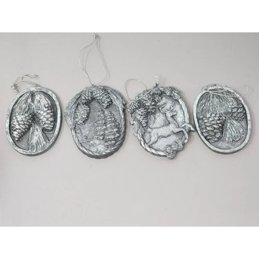 Set Of 4 Silver‎ Tone Christmas Holiday Ornaments With Pinecones & Deer Design
